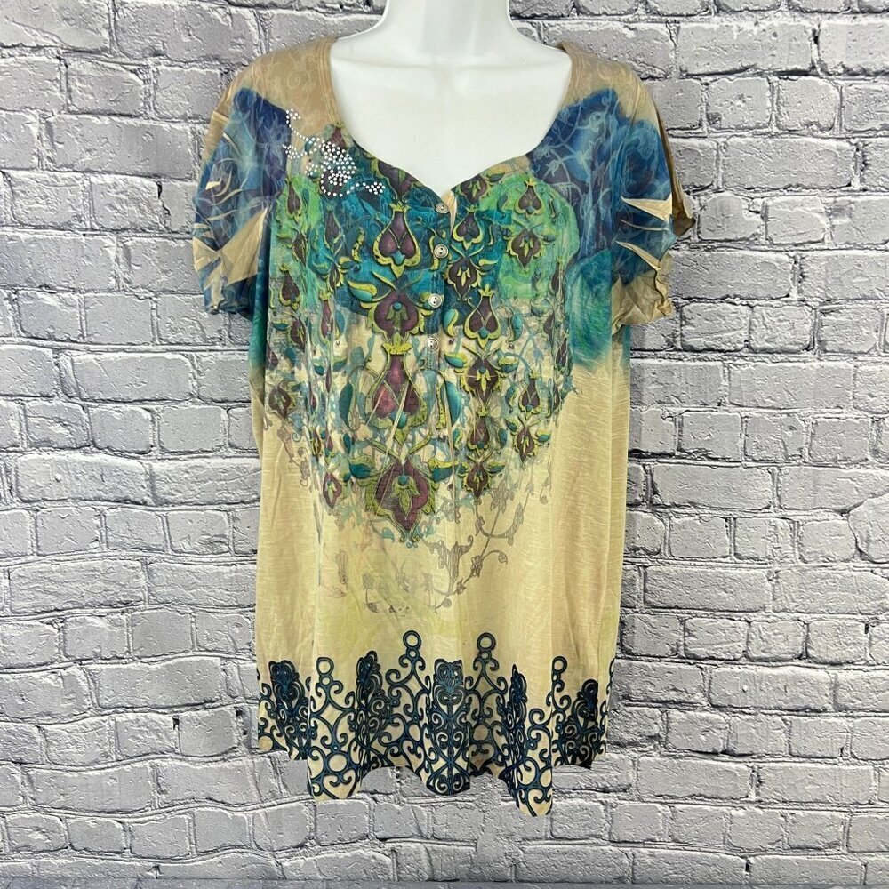 Live And Let‎ Live Womens 1X Multicolor Embellished Top With Paisley Design